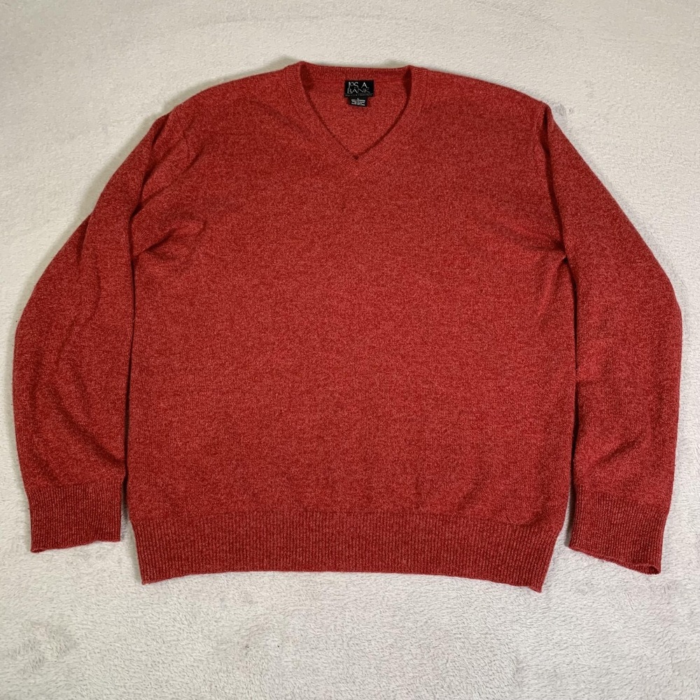 Jos A Bank Sweater Mens Large Red V Neck 100% Cashmere Executive Pullover Knit